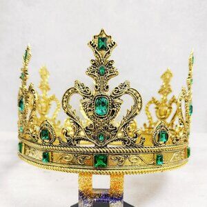 Vintage gold crown, green stone crown, cosplay headdress, birthday party crown